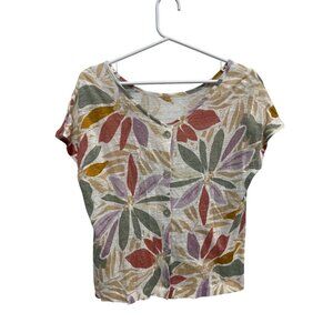 Nicole Miller New York Top Size Small Floral Leaf Print Linen Short Sleeve Boho